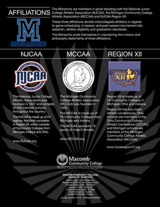 The National Junior College
Athletic Association was
founded in 1937 and consists
of 550 member schools
throughout the country.
The NJCAA is made up of 24
regions. Macomb competes
in Region XII, which consists
of Community Colleges from
Michigan, Indiana and Ohio.
www.NJCAA.org
The Michigan Community
College Athletic Association
(MCCAA) was founded in
1926.
The MCCAA is made up of
19 Community Colleges from
Michigan and Indiana.
The MCCAA sponsors 10
sports (5 male/5 female).
www.MCCAA.org
Region XII is made up of
29 Community Colleges in
Michigan, Ohio and Indiana.
Region XII has two major
athletic conferences. Ohio
schools are members of the
Ohio Community College
Athletic Conference (OCCAC)
and Michigan schools are
members of the Michigan
Community College Athletic
Association (MCCAA).
www.njcaaregion12.org
The Monarchs are members in good standing with the National Junior
College Athletic Association (NJCAA), the Michigan Community College
Athletic Association (MCCAA) and NJCAA Region XII.
These three affiliations dictate intercollegiate athletics in regards
to game scheduling, in-season and post-season tournament site
selection, athletic eligibility and graduation standards.
The Monarchs pride themselves in maintaining the mission and
philosophy statements of three affiliations.
MONARCHS
Affiliations
	 njcaa	MCCAA	REGION XII
MACOMB COMMUNITY COLLEGE
BOARD OF TRUSTEES
Nancy Falcone, Chairperson
Roseanne DiMaria, Vice Chairperson
Connie Bolanowski, Secretary
James F. Kelly, Treasurer
Christine Bonkowski, Trustee
Frank DeSantis, Trustee
Joseph DeSantis, Trustee
James Jacobs, Ph.D., College President
Macomb
Education • Enrichment • Economic Development
Community College
 