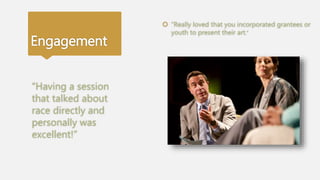 Engagement
 “Really loved that you incorporated grantees or
youth to present their art.”
“Having a session
that talked about
race directly and
personally was
excellent!”
 