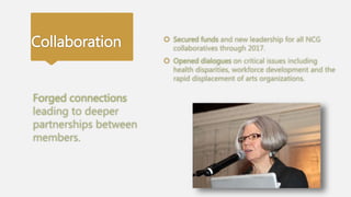 Collaboration  Secured funds and new leadership for all NCG
collaboratives through 2017.
 Opened dialogues on critical issues including
health disparities, workforce development and the
rapid displacement of arts organizations.
Forged connections
leading to deeper
partnerships between
members.
 