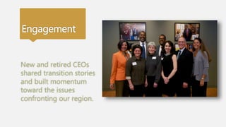 Engagement
New and retired CEOs
shared transition stories
and built momentum
toward the issues
confronting our region.
 