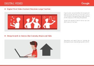 Huge traction was achieved by the new genre of
Web series and short films on YouTube, such as
TVF’s Pitchers, Permanent Roommates, Ghosh’s
thriller Ahalya and YRF’s Bang Baaja Baraat.
Talent met audience- these 4 series saw over
20M views on YouTube.
► Steep Growth in Genres like Comedy, Music and Kids
Viewership and watch time on YouTube for
these genres saw a double-digit growth in 2015.
DIGITAL VIDEO
► Digital-First Video Content Receives Large Traction
 