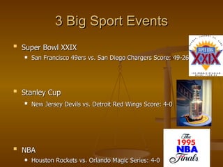 3 Big Sport Events Super Bowl XXIX   San Francisco 49ers vs. San Diego Chargers Score: 49-26  Stanley Cup   New Jersey Devils vs. Detroit Red Wings Score: 4-0   NBA   Houston Rockets vs. Orlando Magic Series: 4-0  