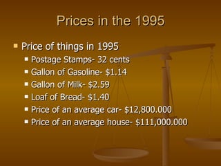 Prices in the 1995 Price of things in 1995 Postage Stamps- 32 cents Gallon of Gasoline- $1.14 Gallon of Milk- $2.59 Loaf of Bread- $1.40  Price of an average car- $12,800.000 Price of an average house- $111,000.000 
