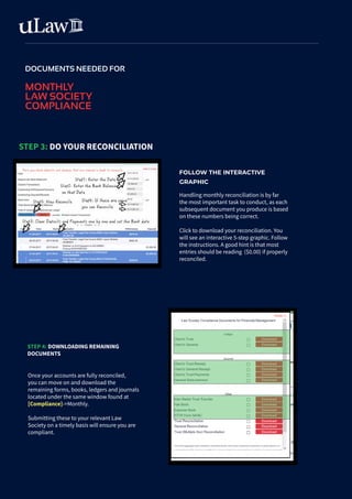 STEP 3: DO YOUR RECONCILIATION
DOCUMENTS NEEDED FOR
MONTHLY
LAW SOCIETY
COMPLIANCE
FOLLOW THE INTERACTIVE
GRAPHIC
Handling monthly reconciliation is by far
the most important task to conduct, as each
subsequent document you produce is based
on these numbers being correct.
Click to download your reconciliation. You
will see an interactive 5-step graphic. Follow
the instructions. A good hint is that most
entries should be reading ($0.00) if properly
reconciled.
STEP 4: DOWNLOADING REMAINING
DOCUMENTS
Once your accounts are fully reconciled,
you can move on and download the
remaining forms, books, ledgers and journals
located under the same window found at
[Compliance]->Monthly.
Submitting these to your relevant Law
Society on a timely basis will ensure you are
compliant.
 