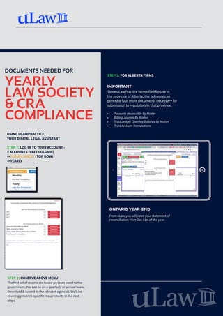 DOCUMENTS NEEDED FOR
YEARLY
LAW SOCIETY
& CRA
COMPLIANCE
STEP 3: FOR ALBERTA FIRMS
IMPORTANT
Since uLawPractice is certified for use in
the province of Alberta, the software can
generate four more documents necessary for
submission to regulators in that province:
•	 Accounts Receivable By Matter
•	 Billing Journal By Matter
•	 Trust Ledger Opening Balance by Matter
•	 Trust Account Transactions
ONTARIO YEAR-END
USING ULAWPRACTICE,
YOUR DIGITAL LEGAL ASSISTANT
STEP 1: LOG IN TO YOUR ACCOUNT -
> ACCOUNTS (LEFT COLUMN)
->[COMPLIANCE] (TOP ROW)
->YEARLY
STEP 2: OBSERVE ABOVE MENU
The first set of reports are based on taxes owed to the
government. You can be on a quarterly or annual basis.
Download & submit to the relevant agencies. We’ll be
covering province-specific requirements in the next
steps.
From uLaw you will need your statement of
reconciliation from Dec 31st of the year.
 