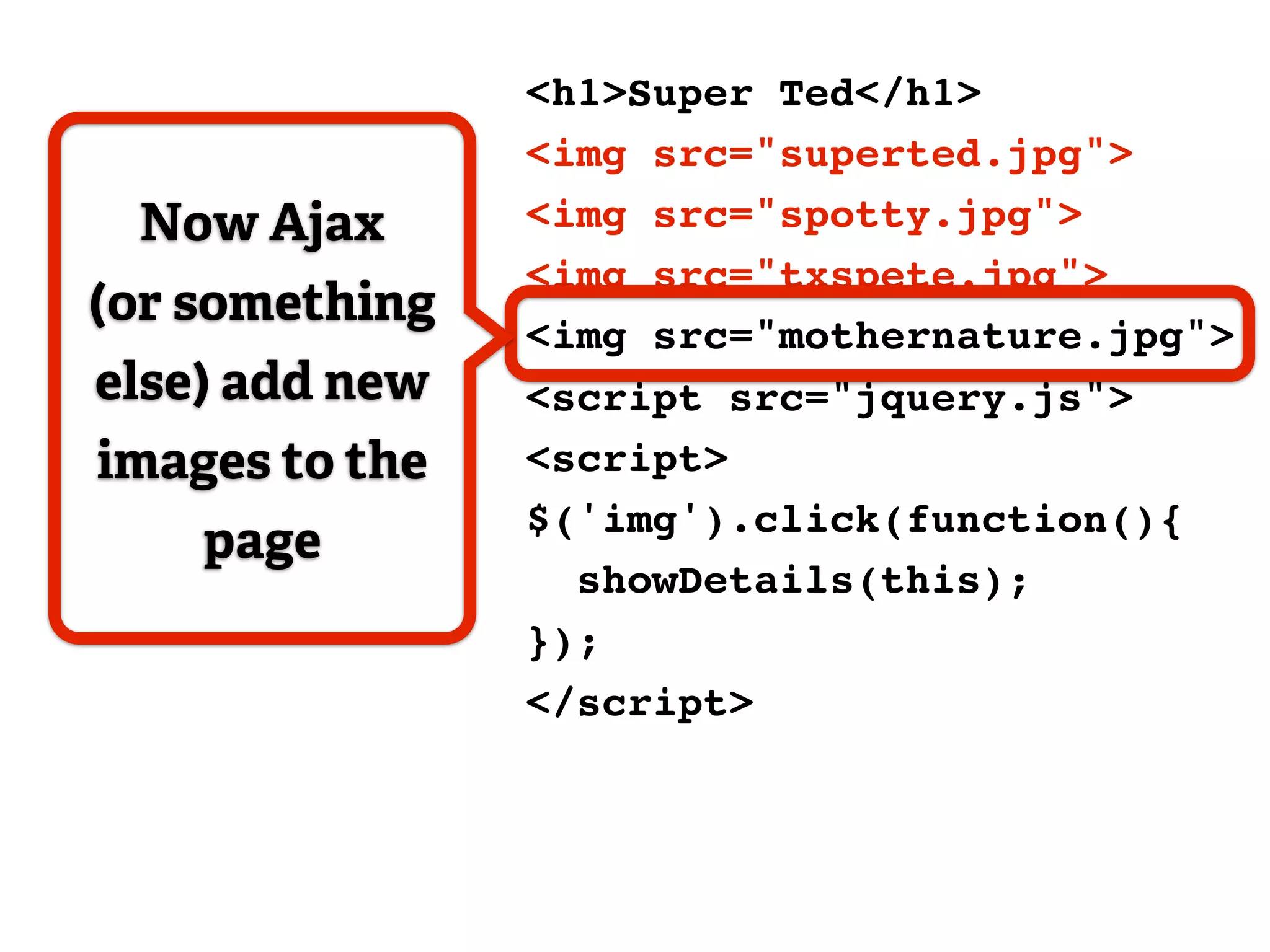 <h1>Super Ted</h1>
                <img src="superted.jpg">
 Now Ajax       <img src="spotty.jpg">
                <img src="txspete.jpg">
(or something
                <img src="mothernature.jpg">
else) add new   <script src="jquery.js">
images to the   <script>
                $('img').click(function(){
    page
                  showDetails(this);
                });
                </script>
 