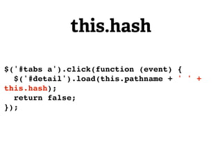 this.hash

$('#tabs a').click(function (event) {
  $('#detail').load(this.pathname + ' ' +
this.hash);
  return false;
});
 