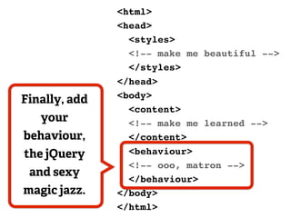 <html>
               <head>
                 <styles>
                 <!-- make me beautiful -->
                 </styles>
               </head>
               <body>
Finally, add
                 <content>
   your          <!-- make me learned -->
behaviour,       </content>
the jQuery       <behaviour>
                 <!-- ooo, matron -->
 and sexy
                 </behaviour>
magic jazz.    </body>
               </html>
 