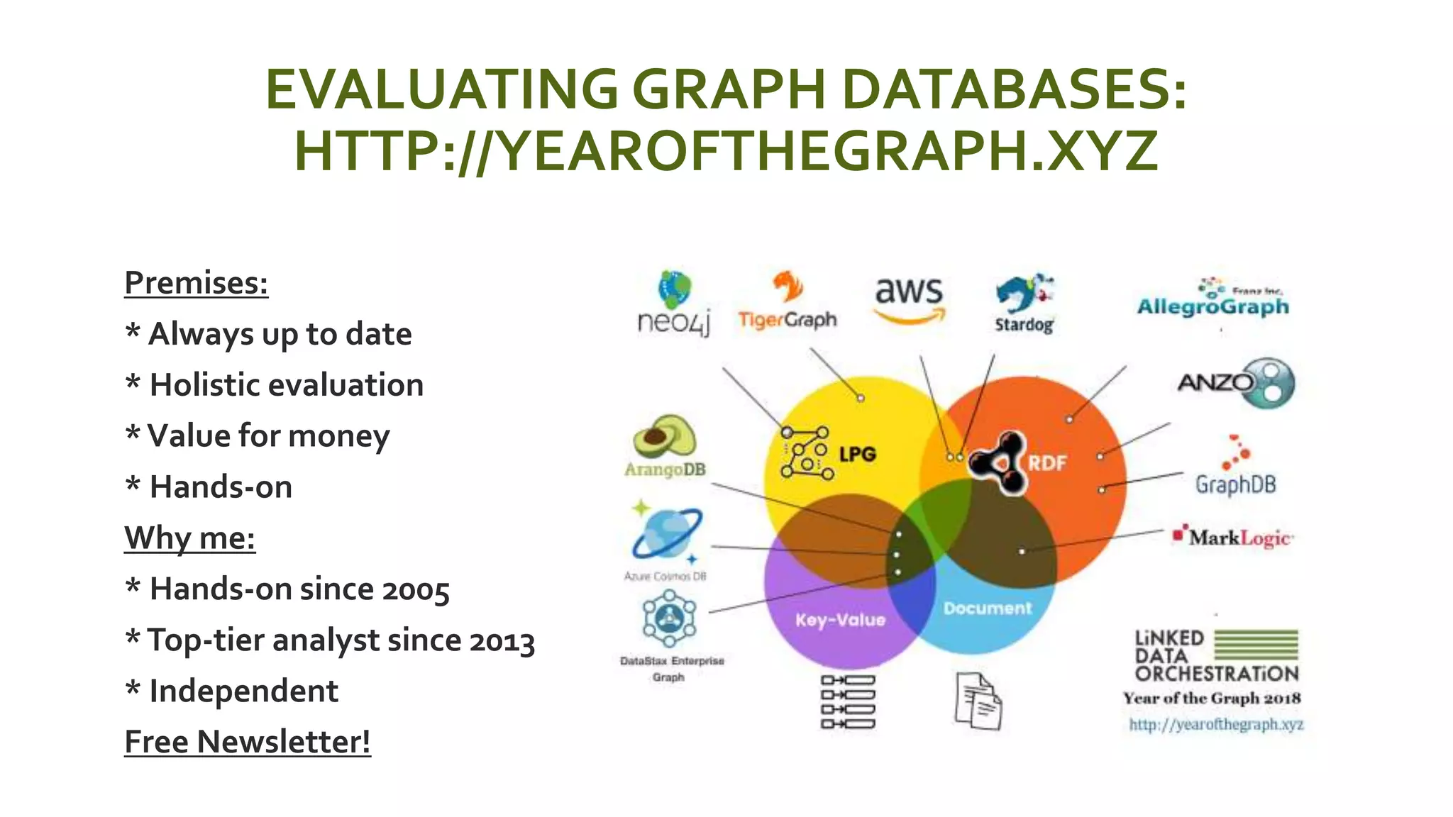 EVALUATING GRAPH DATABASES:
HTTP://YEAROFTHEGRAPH.XYZ
 Premises:
 * Always up to date
 * Holistic evaluation
 *Value for money
 * Hands-on
 Why me:
 * Hands-on since 2005
 *Top-tier analyst since 2013
 * Independent
 Free Newsletter!
 