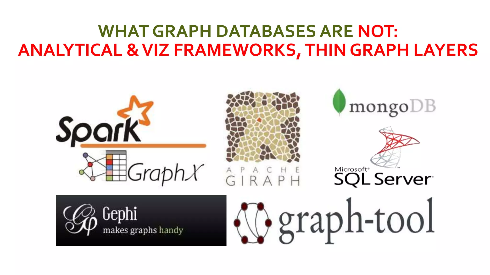 WHAT GRAPH DATABASES ARE NOT:
ANALYTICAL &VIZ FRAMEWORKS,THIN GRAPH LAYERS
 
