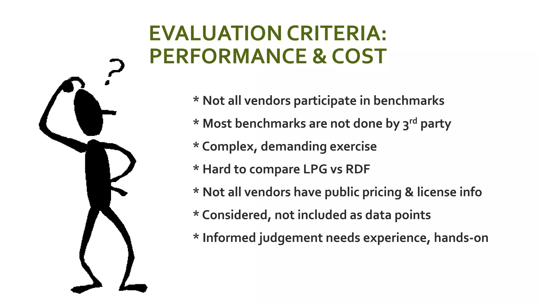 EVALUATION CRITERIA:
PERFORMANCE & COST
 * Not all vendors participate in benchmarks
 * Most benchmarks are not done by 3rd party
 * Complex, demanding exercise
 * Hard to compare LPG vs RDF
 * Not all vendors have public pricing & license info
 * Considered, not included as data points
 * Informed judgement needs experience, hands-on
 
