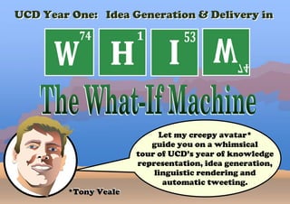 UCD Year One: Idea Generation & Delivery in 
Let my creepy avatar* 
guide you on a whimsical 
tour of UCD’s year of knowledge representation, idea generation, linguistic rendering and automatic tweeting. 
*Tony Veale 
 