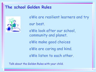 The school Golden Rules
oWe are resilient learners and try
our best.
oWe look after our school,
community and planet.
oWe make good choices
oWe are caring and kind.
oWe listen to each other.
Talk about the Golden Rules with your child.
 