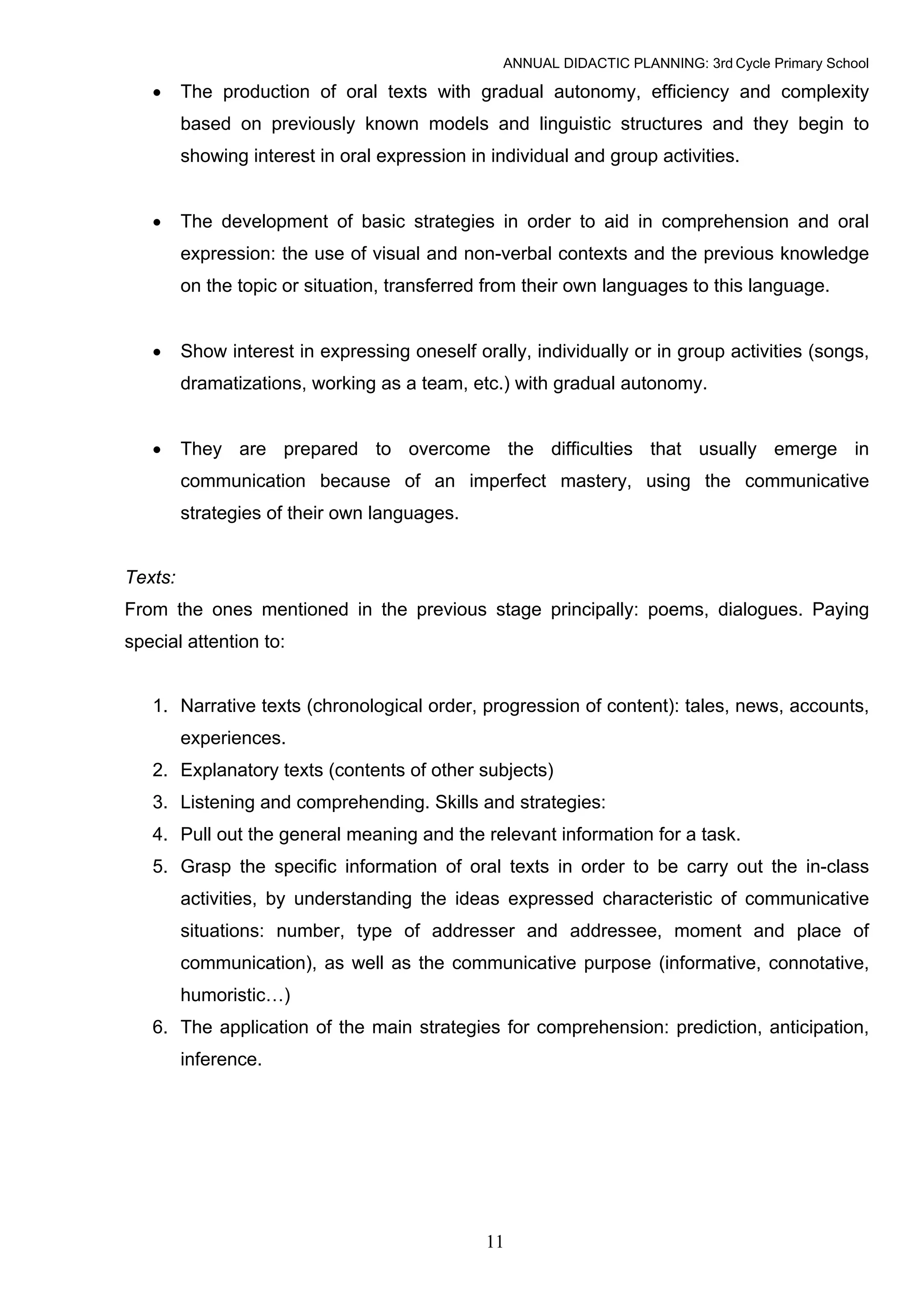 ANNUAL DIDACTIC PLANNING: 3rd Cycle Primary School

   •     The production of oral texts with gradual autonomy, efficiency and complexity
         based on previously known models and linguistic structures and they begin to
         showing interest in oral expression in individual and group activities.


   •     The development of basic strategies in order to aid in comprehension and oral
         expression: the use of visual and non-verbal contexts and the previous knowledge
         on the topic or situation, transferred from their own languages to this language.


   •     Show interest in expressing oneself orally, individually or in group activities (songs,
         dramatizations, working as a team, etc.) with gradual autonomy.


   •     They are prepared to overcome the difficulties that usually emerge in
         communication because of an imperfect mastery, using the communicative
         strategies of their own languages.


Texts:
From the ones mentioned in the previous stage principally: poems, dialogues. Paying
special attention to:


   1. Narrative texts (chronological order, progression of content): tales, news, accounts,
         experiences.
   2. Explanatory texts (contents of other subjects)
   3. Listening and comprehending. Skills and strategies:
   4. Pull out the general meaning and the relevant information for a task.
   5. Grasp the specific information of oral texts in order to be carry out the in-class
         activities, by understanding the ideas expressed characteristic of communicative
         situations: number, type of addresser and addressee, moment and place of
         communication), as well as the communicative purpose (informative, connotative,
         humoristic…)
   6. The application of the main strategies for comprehension: prediction, anticipation,
         inference.




                                               11
 