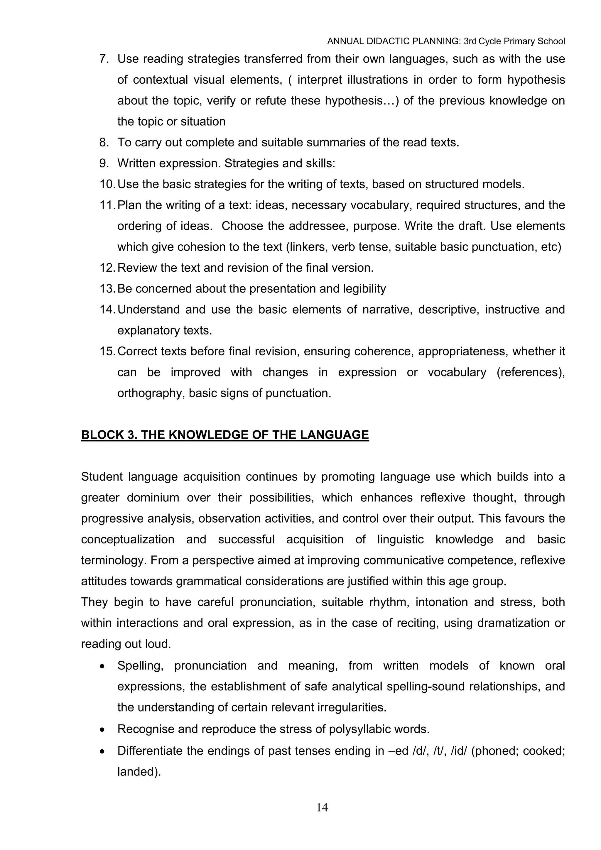 ANNUAL DIDACTIC PLANNING: 3rd Cycle Primary School

   7. Use reading strategies transferred from their own languages, such as with the use
       of contextual visual elements, ( interpret illustrations in order to form hypothesis
       about the topic, verify or refute these hypothesis…) of the previous knowledge on
       the topic or situation
   8. To carry out complete and suitable summaries of the read texts.
   9. Written expression. Strategies and skills:
   10. Use the basic strategies for the writing of texts, based on structured models.
   11. Plan the writing of a text: ideas, necessary vocabulary, required structures, and the
       ordering of ideas. Choose the addressee, purpose. Write the draft. Use elements
       which give cohesion to the text (linkers, verb tense, suitable basic punctuation, etc)
   12. Review the text and revision of the final version.
   13. Be concerned about the presentation and legibility
   14. Understand and use the basic elements of narrative, descriptive, instructive and
       explanatory texts.
   15. Correct texts before final revision, ensuring coherence, appropriateness, whether it
       can be improved with changes in expression or vocabulary (references),
       orthography, basic signs of punctuation.


BLOCK 3. THE KNOWLEDGE OF THE LANGUAGE


Student language acquisition continues by promoting language use which builds into a
greater dominium over their possibilities, which enhances reflexive thought, through
progressive analysis, observation activities, and control over their output. This favours the
conceptualization and successful acquisition of linguistic knowledge and basic
terminology. From a perspective aimed at improving communicative competence, reflexive
attitudes towards grammatical considerations are justified within this age group.
They begin to have careful pronunciation, suitable rhythm, intonation and stress, both
within interactions and oral expression, as in the case of reciting, using dramatization or
reading out loud.
   •   Spelling, pronunciation and meaning, from written models of known oral
       expressions, the establishment of safe analytical spelling-sound relationships, and
       the understanding of certain relevant irregularities.
   •   Recognise and reproduce the stress of polysyllabic words.
   •   Differentiate the endings of past tenses ending in –ed /d/, /t/, /id/ (phoned; cooked;
       landed).

                                              14
 