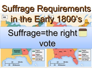 Suffrage RequirementsSuffrage Requirements
in the Early 1800’sin the Early 1800’s
Suffrage=the right toSuffrage=the right to
votevote
Suffrage=the right toSuffrage=the right to
votevote
 