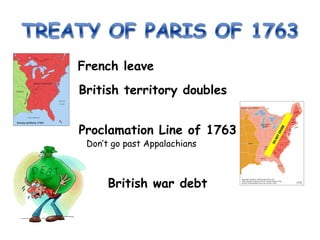 French leave
British territory doubles
British war debt
Proclamation Line of 1763
Don’t go past Appalachians
 
