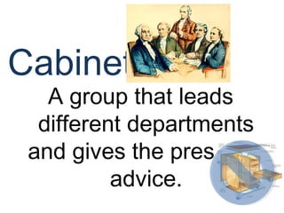 A group that leads
different departments
and gives the president
advice.
Cabinet:
 