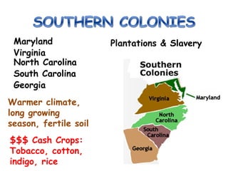 Maryland
Virginia
North Carolina
South Carolina
Georgia
Warmer climate,
long growing
season, fertile soil
$$$ Cash Crops:
Tobacco, cotton,
indigo, rice
Plantations & Slavery
 