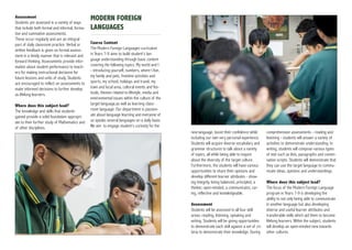 Assessment
Students are assessed in a variety of ways
that include both formal and informal, forma-
tive and summative assessments.
These occur regularly and are an integral
part of daily classroom practice. Verbal or
written feedback is given on formal assess-
ment in a timely manner that is relevant and
forward thinking. Assessments provide infor-
mation about student performance to teach-
ers for making instructional decisions for
future lessons and units of study. Students
are encouraged to reflect on assessments to
make informed decisions to further develop
as lifelong learners.
Where does this subject lead?
The knowledge and skills that students
gained provide a solid foundation appropri-
ate to their further study of Mathematics and
of other disciplines.
MODERN FOREIGN
LANGUAGES
Course Content
The Modern Foreign Languages curriculum
in Years 7-9 aims to build student’s lan-
guage understanding through basic content
covering the following topics: My world and I
- introducing yourself, numbers, where I live,
my family and pets, freetime activities and
sports, my school, holidays and travel, my
town and local area, cultural events and fes-
tivals, themes related to lifestyle, media and
environmental issues within the culture of the
target language,as well as learning class-
room language. Our department is passion-
ate about language learning and everyone of
us speaks several languages on a daily basis.
We aim to engage student’s curiosity for the
new language, boost their confidence while
including our own very personal experience.
Students will acquire diverse vocabulary and
grammar structures to talk about a variety
of topics, all while being able to inquire
about the diversity of the target culture.
Furthermore, the students will have various
opportunities to share their opinions and
develop different learner attributes - show-
ing integrity, being balanced, principled, a
thinker, open-minded, a communicator, car-
ing, reflective and knowledgeable.
Assessment
Students will be assessed in all four skill
areas: reading, listening, speaking and
writing. Students will be giving opportunities
to demonstrate each skill against a set of cri-
teria to demonstrate their knowledge. During
comprehension assessments - reading and
listening - students will answer a variety of
activities to demonstrate understanding. In
writing, students will compose various types
of text such as lists, paragraphs and conver-
sation scripts. Students will demonstrate that
they can use the target language to commu-
nicate ideas, opinions and understandings.
Where does this subject lead?
The focus of the Modern Foreign Language
program in Years 7-9 is developing the
ability to not only being able to communicate
in another language but also developing
diverse and useful learner attributes and
transferable skills which aid them to become
lifelong learners. Within the subject, students
will develop an open-minded view towards
other cultures.
 
