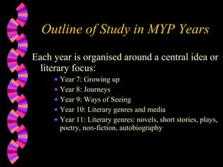 Outline of Study in MYP Years Each year is organised around a central idea or literary focus: Year 7: Growing up  Year 8: Journeys Year 9: Ways of Seeing Year 10: Literary genres and media Year 11: Literary genres: novels, short stories, plays, poetry, non-fiction, autobiography 