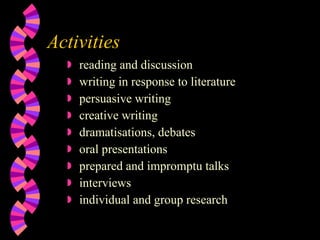 Activities  reading and discussion writing in response to literature  persuasive writing  creative writing dramatisations, debates  oral presentations prepared and impromptu talks interviews individual and group research 