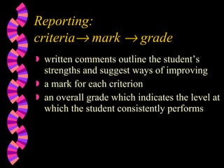 Reporting:  criteria   mark    grade written comments outline the student’s strengths and suggest ways of improving a mark for each criterion  an overall grade which indicates the level at which the student consistently performs 