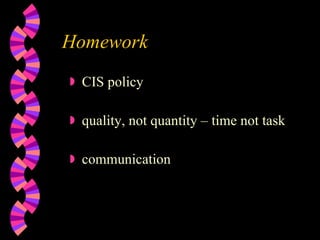 Homework CIS policy  quality, not quantity – time not task communication 