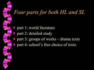 Four parts for both HL and SL part 1: world literature part 2: detailed study part 3: groups of works – drama texts part 4: school’s free choice of texts 