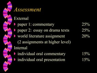 Assessment External paper 1: commentary  25% paper 2: essay on drama texts 25% world literature assignment 20% (2 assignments at higher level) Internal individual oral commentary  15% individual oral presentation 15% 