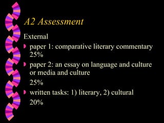 A2 Assessment  External  paper 1: comparative literary commentary 25% paper 2: an essay on language and culture or media and culture 25% written tasks: 1) literary, 2) cultural  20% 