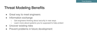 Threat Modeling Benefits
● Great way to meet engineers
● Information exchange
○ Get engineers thinking about security in new ways
○ Learn more about systems you’re supposed to help protect
● Uncover existing risks
● Prevent problems in future development
Threat Modeling
 