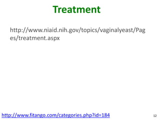 Treatment
   http://www.niaid.nih.gov/topics/vaginalyeast/Pag
   es/treatment.aspx




http://www.fitango.com/categories.php?id=184          12
 