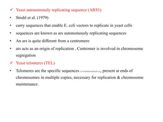  Yeast autonomously replicating sequence (ARS1)
• Struhl et al. (1979)
• carry sequences that enable E. coli vectors to replicate in yeast cells
• sequences are known as ars autonomously replicating sequences
• An ars is quite different from a centromere
• ars acts as an origin of replication , Centromer is involved in chromosome
segregation
 Yeast telomeres (TEL)
• Telomeres are the specific sequences (5-TGTGGGTGTGGTG-3), present at ends of
chromosomes in multiple copies, necessary for replication & chromosome
maintenance.
 