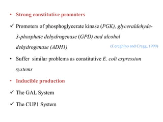 • Strong constitutive promoters
 Promoters of phosphoglycerate kinase (PGK), glyceraldehyde-
3-phosphate dehydrogenase (GPD) and alcohol
dehydrogenase (ADH1)
• Suffer similar problems as constitutive E. coli expression
systems
• Inducible production
 The GAL System
 The CUP1 System
(Cereghino and Cregg, 1999)
 