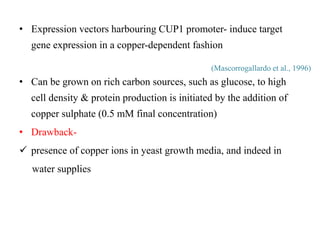 • Expression vectors harbouring CUP1 promoter- induce target
gene expression in a copper-dependent fashion
• Can be grown on rich carbon sources, such as glucose, to high
cell density & protein production is initiated by the addition of
copper sulphate (0.5 mM final concentration)
• Drawback-
 presence of copper ions in yeast growth media, and indeed in
water supplies
(Mascorrogallardo et al., 1996)
 