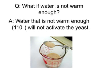 Q: What if water is not warm
            enough?
A: Water that is not warm enough
 (110 ) will not activate the yeast.
 