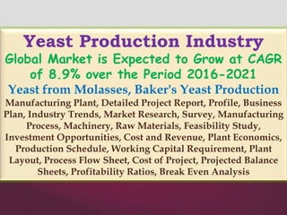 Yeast Production Industry
Global Market is Expected to Grow at CAGR
of 8.9% over the Period 2016-2021
Yeast from Molasses, Baker's Yeast Production
Manufacturing Plant, Detailed Project Report, Profile, Business
Plan, Industry Trends, Market Research, Survey, Manufacturing
Process, Machinery, Raw Materials, Feasibility Study,
Investment Opportunities, Cost and Revenue, Plant Economics,
Production Schedule, Working Capital Requirement, Plant
Layout, Process Flow Sheet, Cost of Project, Projected Balance
Sheets, Profitability Ratios, Break Even Analysis
 