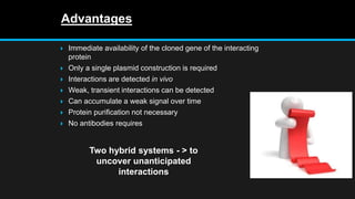 Advantages
 Immediate availability of the cloned gene of the interacting
protein
 Only a single plasmid construction is required
 Interactions are detected in vivo
 Weak, transient interactions can be detected
 Can accumulate a weak signal over time
 Protein purification not necessary
 No antibodies requires
Two hybrid systems - > to
uncover unanticipated
interactions
 