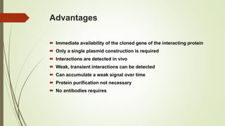 Advantages
 Immediate availability of the cloned gene of the interacting protein
 Only a single plasmid construction is required
 Interactions are detected in vivo
 Weak, transient interactions can be detected
 Can accumulate a weak signal over time
 Protein purification not necessary
 No antibodies requires
 