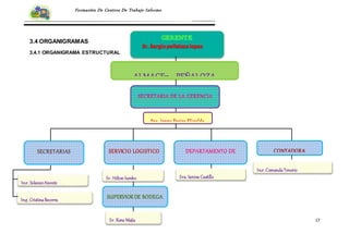 17
Formación De Centros De Trabajo Informe
3.4 ORGANIGRAMAS
3.4.1 ORGANIGRAMA ESTRUCTURAL
ALMACEn PEÑALOZA
SECRETARIA DE LA GERENCIA
Sra. Jenny Freire Elizalde
SECRETARIAS
AUXILIARES
Ing. SolangeAponte
Ing. CristinaBecerra
SERVICIO LOGISTICO
Sr. HiltonJumbo
DEPARTAMENTO DE
COBRANZA
Sra. Janina Castillo
SUPERVIORDE BODEGA
Sr. Rene Mejía
CONTADORA
Ing. ComandaTenorio
 