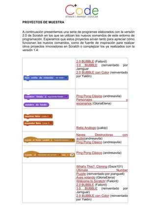 PROYECTOS DE MUESTRA
A continuación presentamos una serie de programas elaborados con la versión
2.0 de Scratch en los que se utilizan los nuevos comandos de este entorno de
programación. Esperamos que estos proyectos sirvan tanto para apreciar cómo
funcionan los nuevos comandos, como de fuente de inspiración para realizar
otros proyectos innovadores en Scratch o complejizar los ya realizados con la
versión 1.4:
2.0 BUBBLE (Failord)
3.0 BUBBLE (reinventado por
Jamguar
2.0 BUBBLE con Color (reinventado
por Yaklin)
Ping Pong Clásico (andresavila)
Personajes y
escenarios (GloriaElena)
Reloj Análogo (jualop)
Naves Destructoras con
audio(andresavila)
Ping Pong Clásico (andresavila)
Ping Pong Clásico (andresavila)
What's This?: Cloning (Gaza101)
Ultimate Number
Puzzle (reinventado por joanguell)
Aves volando (GloriaElena)
Welcome to Scratch! (Failord)
2.0 BUBBLE (Failord)
3.0 BUBBLE (reinventado por
Jamguar)
2.0 BUBBLE con Color (reinventado
por Yaklin)
 