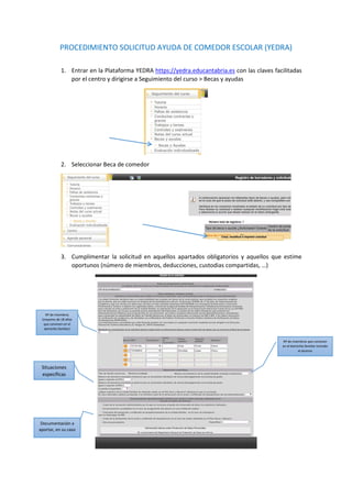 PROCEDIMIENTO SOLICITUD AYUDA DE COMEDOR ESCOLAR (YEDRA)
1. Entrar en la Plataforma YEDRA https://yedra.educantabria.es con las claves facilitadas
por el centro y dirigirse a Seguimiento del curso > Becas y ayudas
2. Seleccionar Beca de comedor
3. Cumplimentar la solicitud en aquellos apartados obligatorios y aquellos que estime
oportunos (número de miembros, deducciones, custodias compartidas, …)
Nº de miembros
(mayores de 18 años
que conviven en el
domicilio familiar)
Situaciones
específicas
Documentación a
aportar, en su caso
Nº de miembros que conviven
en el domicilio familiar incluido
el alumno
 