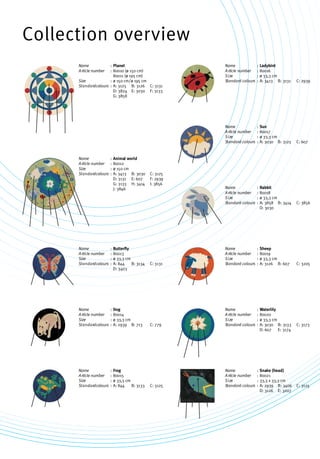 Collection overview
Planet
80010 (ø 150 cm)
80011 (ø 195 cm)
ø 150 cm/ø 195 cm
A: 3125 B: 3126 C: 3131
D: 3824 E: 3030 F: 3133
G: 3858
Animal world
80012
ø 150 cm
A: 3413 B: 3030 C: 3125
D: 3131 E: 607 F: 2939
G: 3133 H: 3414 I: 3856
J: 3846
Butterfly
80013
ø 33,3 cm
A: 844 B: 3134 C: 3131
D: 3403
Ladybird
80016
ø 33,3 cm
A: 3413 B: 3131 C: 2939
Sun
80017
ø 33,3 cm
A: 3030 B: 3125 C: 607
Rabbit
80018
ø 33,3 cm
A: 3858 B: 3414 C: 3856
D: 3030
Sheep
80019
ø 33,3 cm
A: 3126 B: 607 C: 3205
Waterlily
80020
ø 33,3 cm
A: 3030 B: 3133 C: 3173
D: 607 E: 3174
Dog
80014
ø 33,3 cm
A: 2939 B: 713 C: 779
Frog
80015
ø 33,3 cm
A: 844 B: 3133 C: 3125
Snake (head)
80021
33,3 x 33,3 cm
A: 2939 B: 3406 C: 3125
D: 3126 E: 3207
Name
Article number
Size
Standardcolours
:
:
:
:
Name
Article number
Size
Standard colours
:
:
:
:
Name
Article number
Size
Standard colours
:
:
:
:
Name
Article number
Size
Standard colours
:
:
:
:
Name
Article number
Size
Standard colours
:
:
:
:
Name
Article number
Size
Standard colours
:
:
:
:
Name
Article number
Size
Standard colours
:
:
:
:
Name
Article number
Size
Standardcolours
:
:
:
:
Name
Article number
Size
Standardcolours
:
:
:
:
Name
Article number
Size
Standardcolours
:
:
:
:
Name
Article number
Size
Standardcolours
:
:
:
:
 