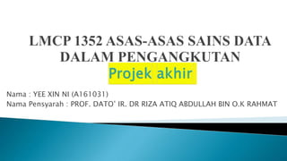 Nama : YEE XIN NI (A161031)
Nama Pensyarah : PROF. DATO’ IR. DR RIZA ATIQ ABDULLAH BIN O.K RAHMAT
 
