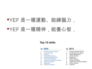 YEF 是一種運動、能練腦力，
YEF 是一種精神，能養心智，
 