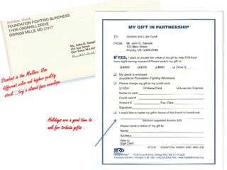 Standout in the Mailbox: Use different color and higher quality stock …try a closed face envelopeHolidays are a good time to ask for tribute gifts