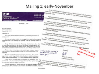 Mailing 1: early-November“Handwritten" note and blue signature add a personalized touch