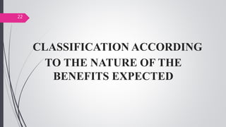 CLASSIFICATION ACCORDING
TO THE NATURE OF THE
BENEFITS EXPECTED
22
 