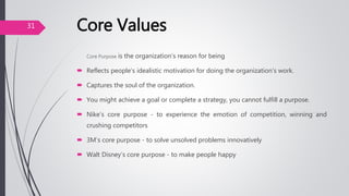 Core Values
Core Purpose is the organization’s reason for being
 Reflects people’s idealistic motivation for doing the organization’s work.
 Captures the soul of the organization.
 You might achieve a goal or complete a strategy, you cannot fulfill a purpose.
 Nike’s core purpose - to experience the emotion of competition, winning and
crushing competitors
 3M’s core purpose - to solve unsolved problems innovatively
 Walt Disney’s core purpose - to make people happy
31
 